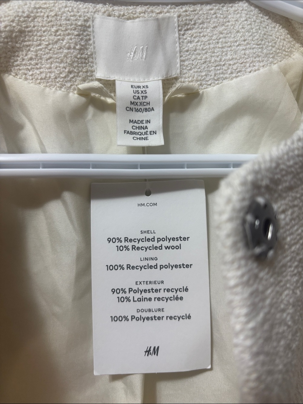 NWT H&M Cream Short Jacket | Bouclé Tweed Cropped Collarless Snap Button | XS - Picture 7 of 10